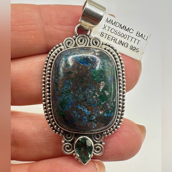 NWT Azurite and Green Quartz in Bali Sterling Silver Pendant! - Picture 7 of 12